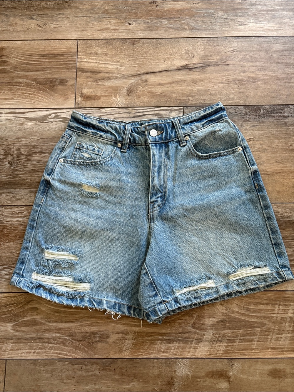Forever 21 Light Blue Ripped High-Rise Denim Shorts